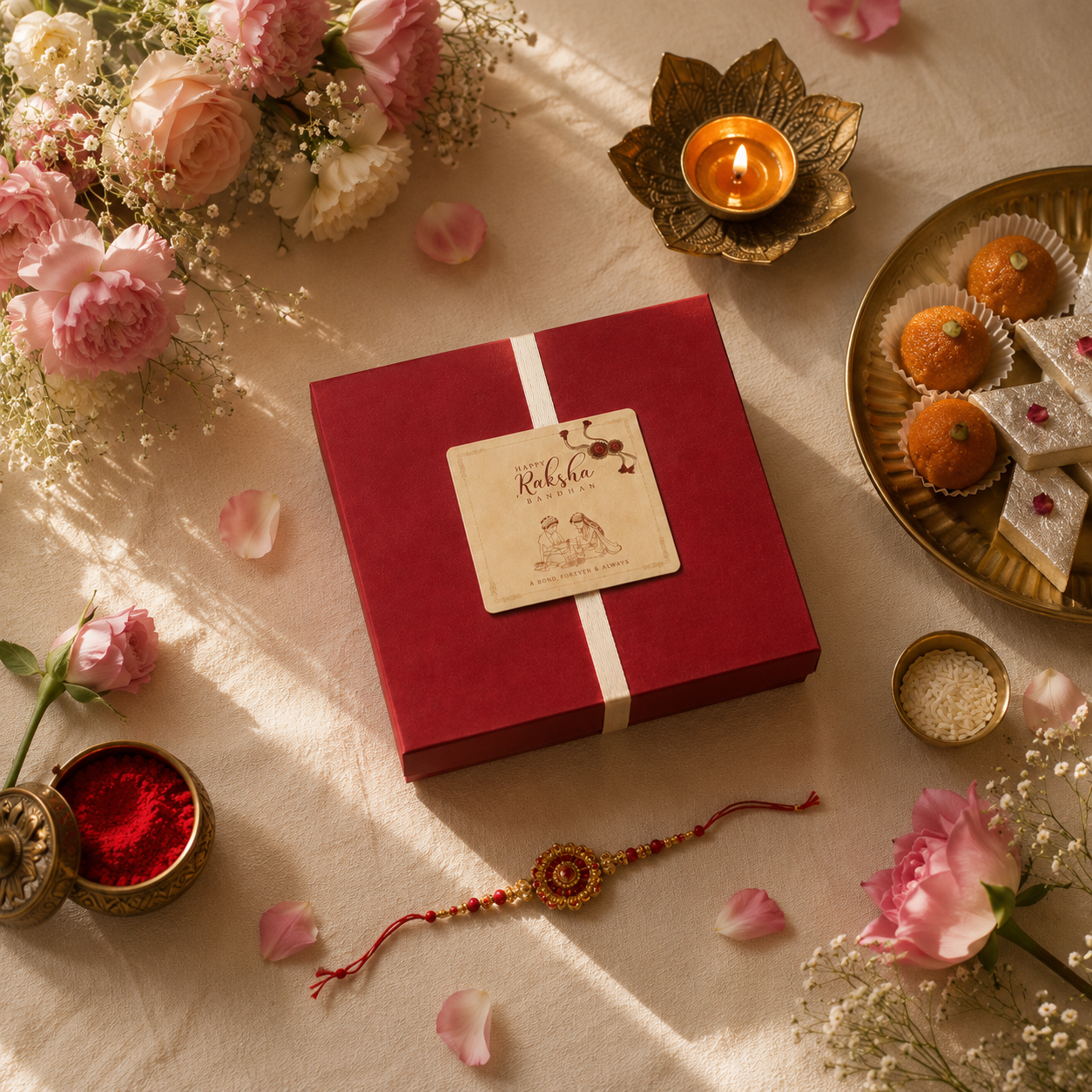 A red gift box tied with a white ribbon and a cream-colored label reading 'Rakhi' is arranged on a beige fabric surface with pink flowers, a lit lotus-shaped candle, a red thread Rakhi, and sweets on a gold plate.